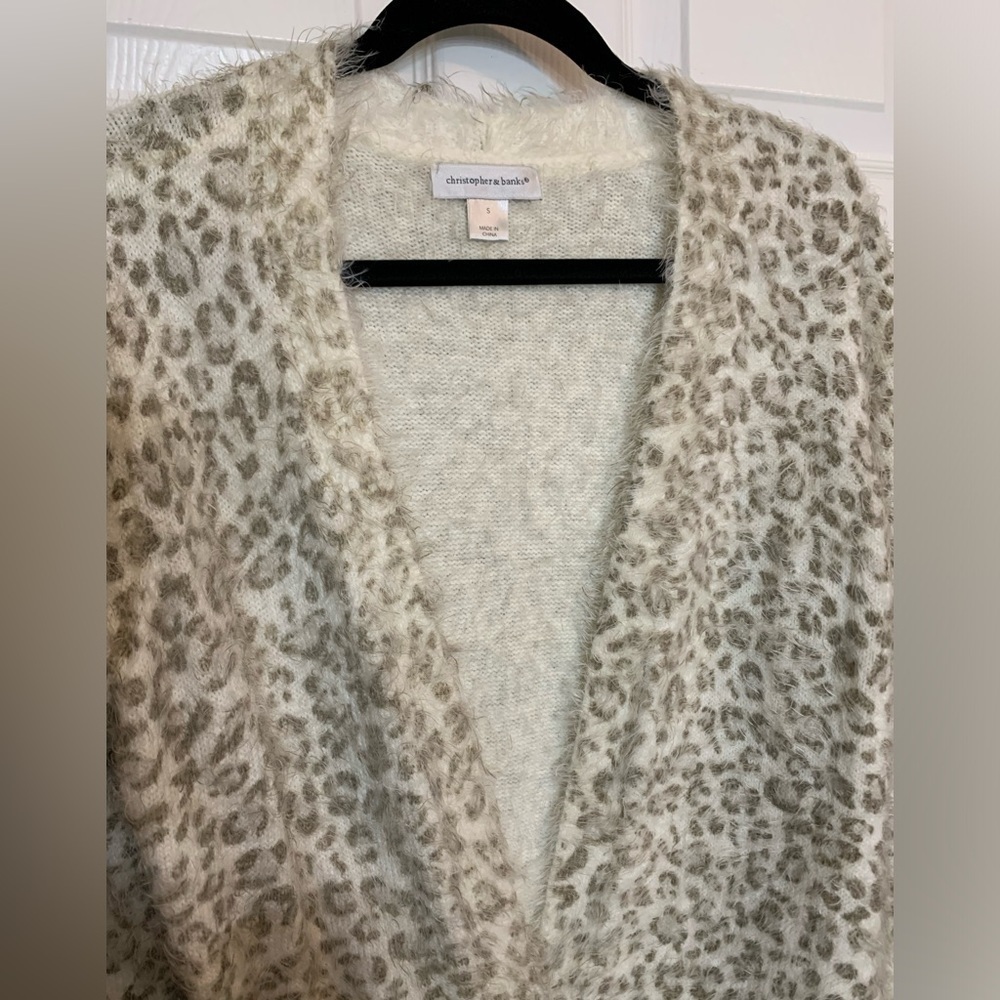 Christopher & Banks Fuzzy Tan Leopard Print Cardigan, Size S - Picture 3 of 7